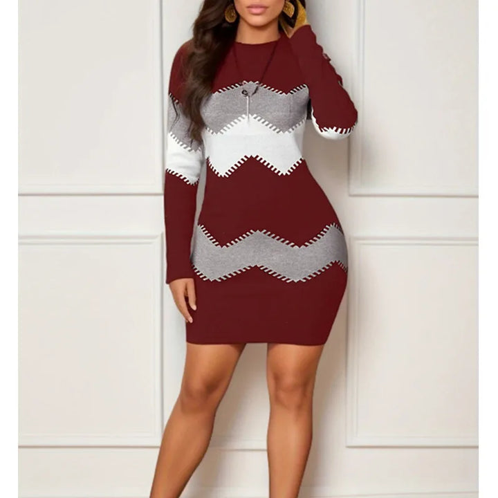 Claret red chevron striped sweater dress, full length front view