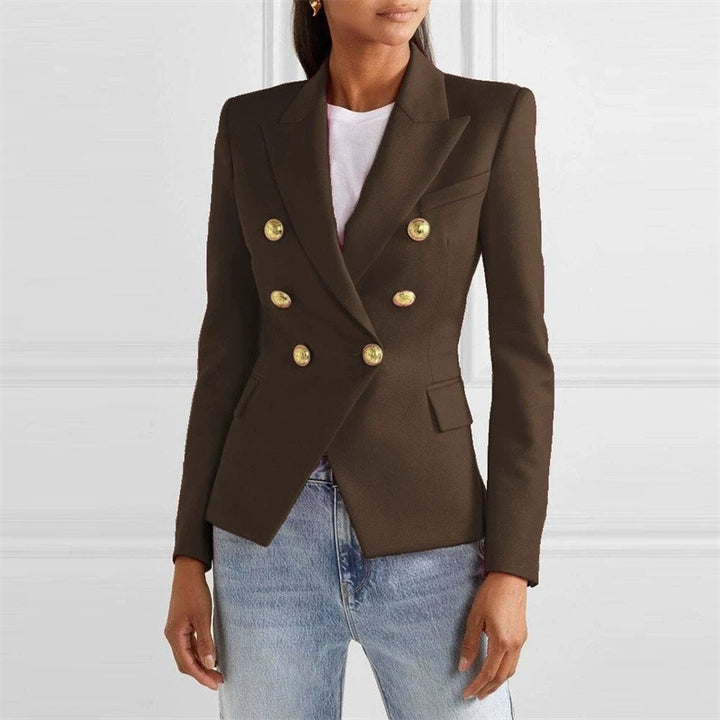 Coffee brown double-breasted blazer with gold buttons