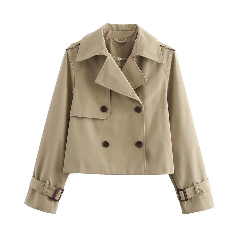 Khaki cropped trench coat, front view, double breasted buttons