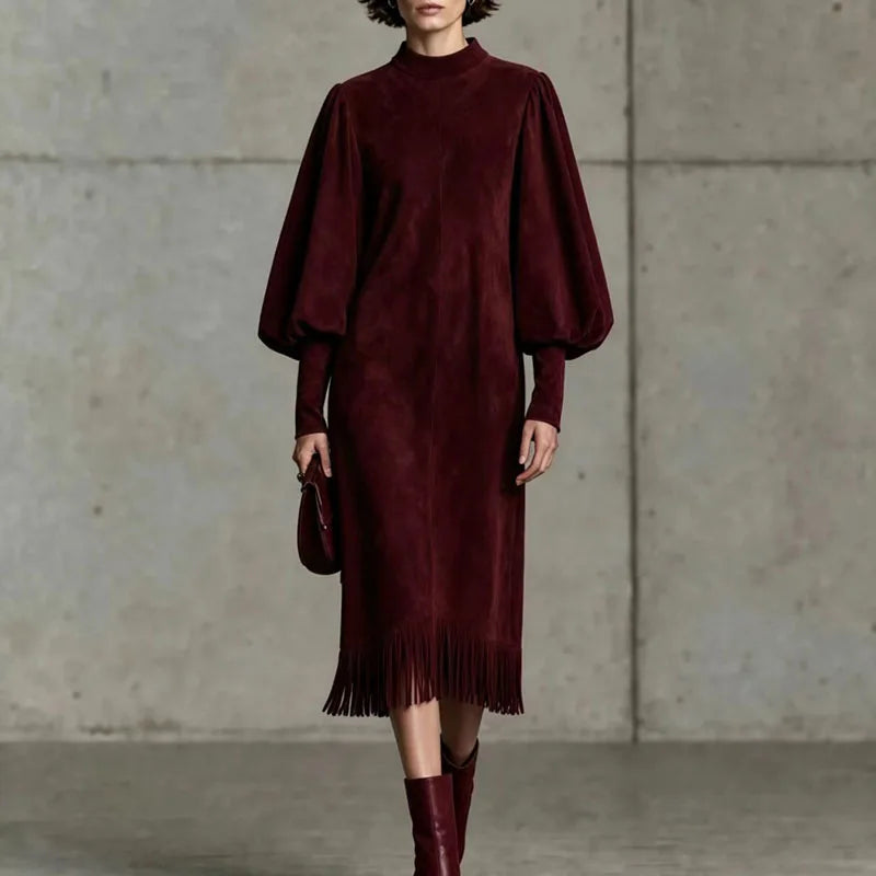 Marisette Lantern Sleeve Fringe Dress