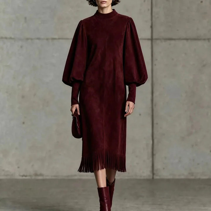 Marisette Lantern Sleeve Fringe Dress
