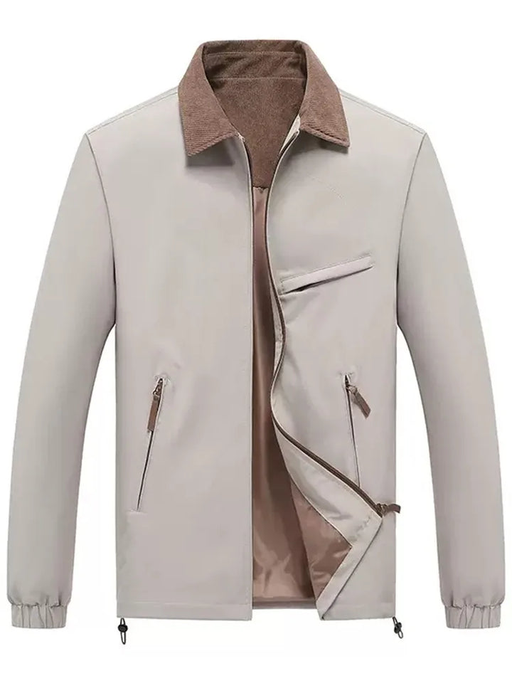 Beige jacket unzipped showing interior lining