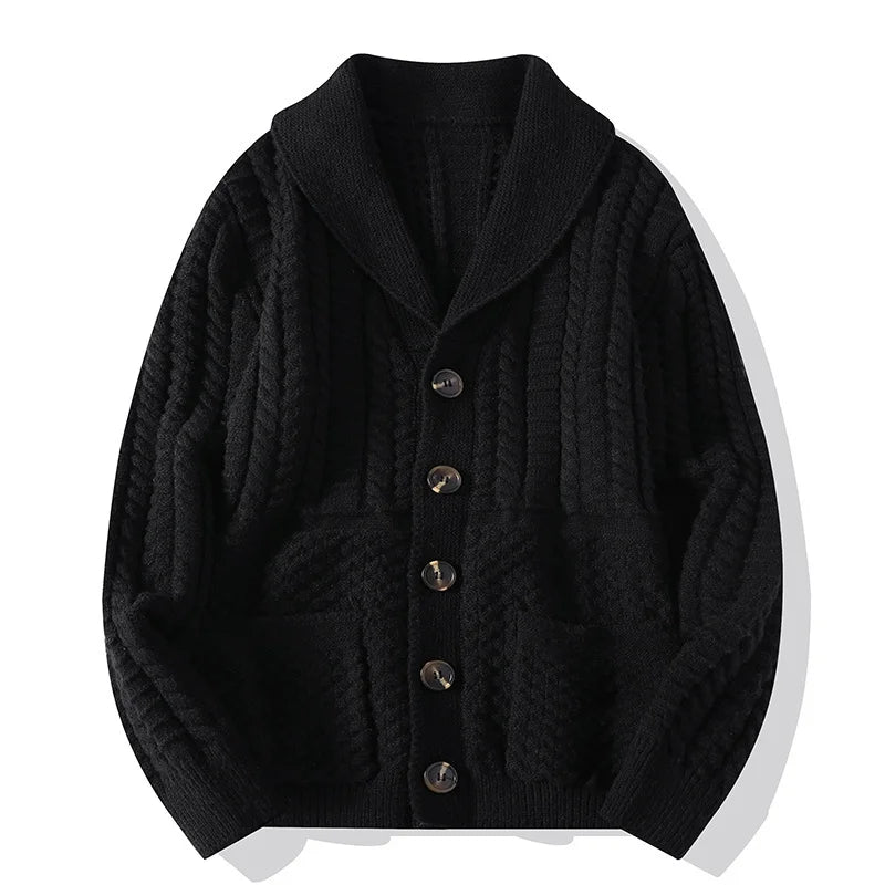 Black cable knit shawl collar cardigan with patch pockets