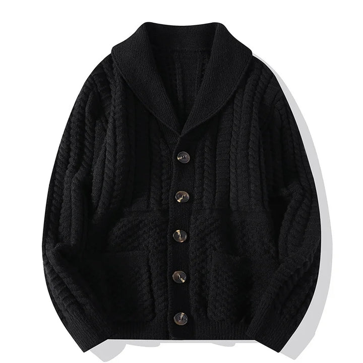 Black cable knit shawl collar cardigan with patch pockets