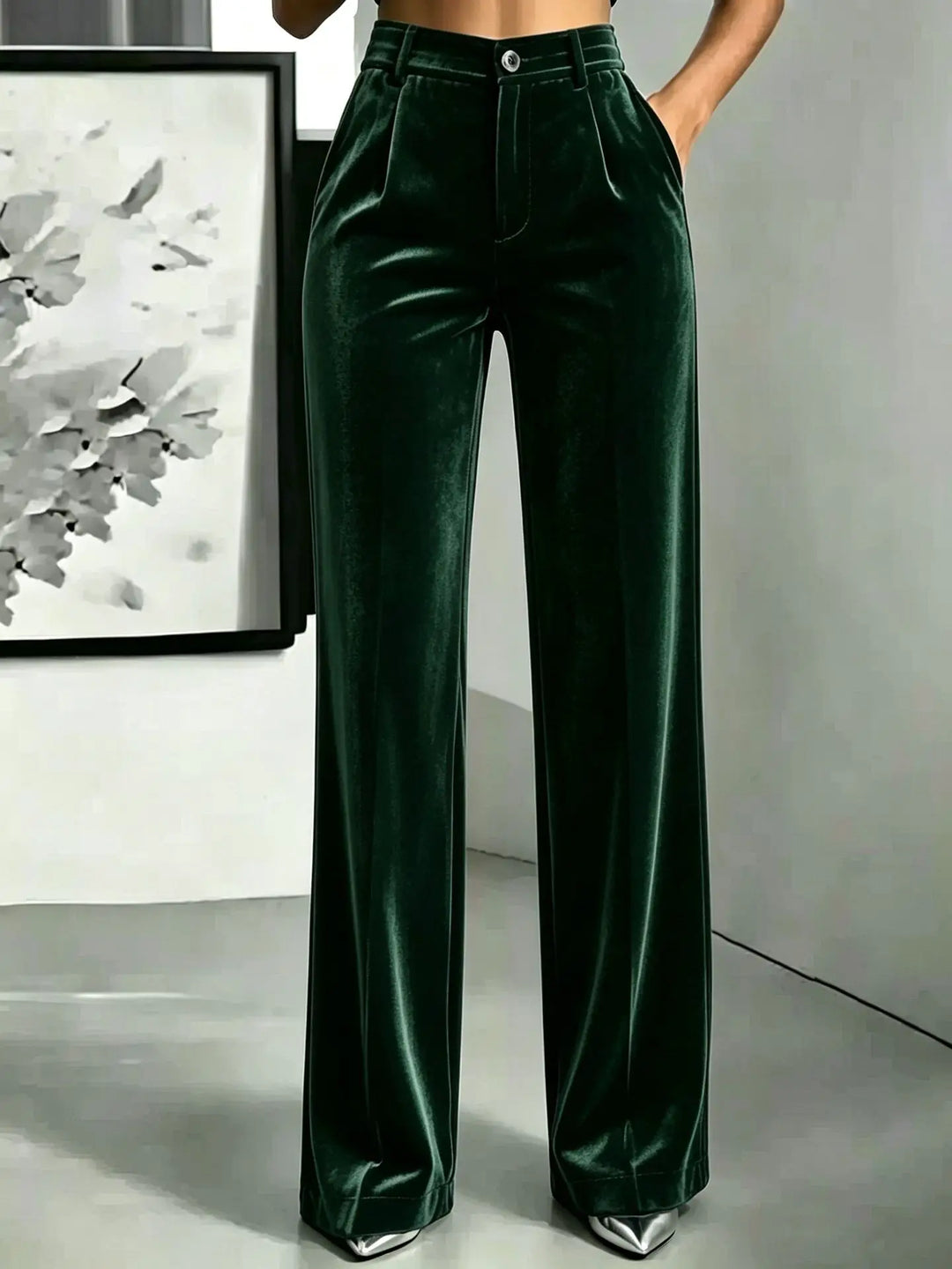 Dark green velvet wide leg pants back waist view