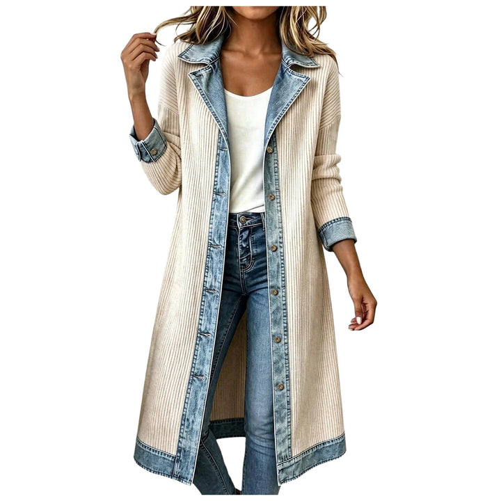 Beige ribbed knit long cardigan coat with denim trim buttoned closed