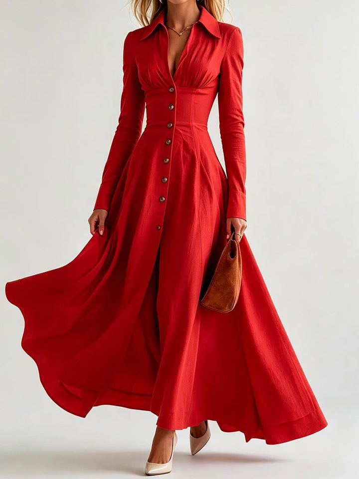 Red button front maxi dress with turn-down collar, front view