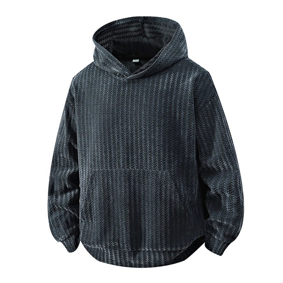 Dark grey ribbed textured pullover hoodie, front view