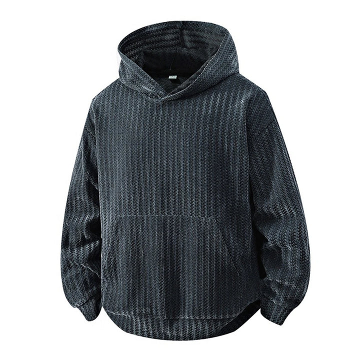 Dark grey ribbed textured pullover hoodie, front view