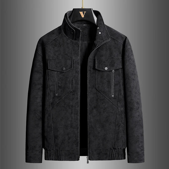 Black jacket front view on hanger