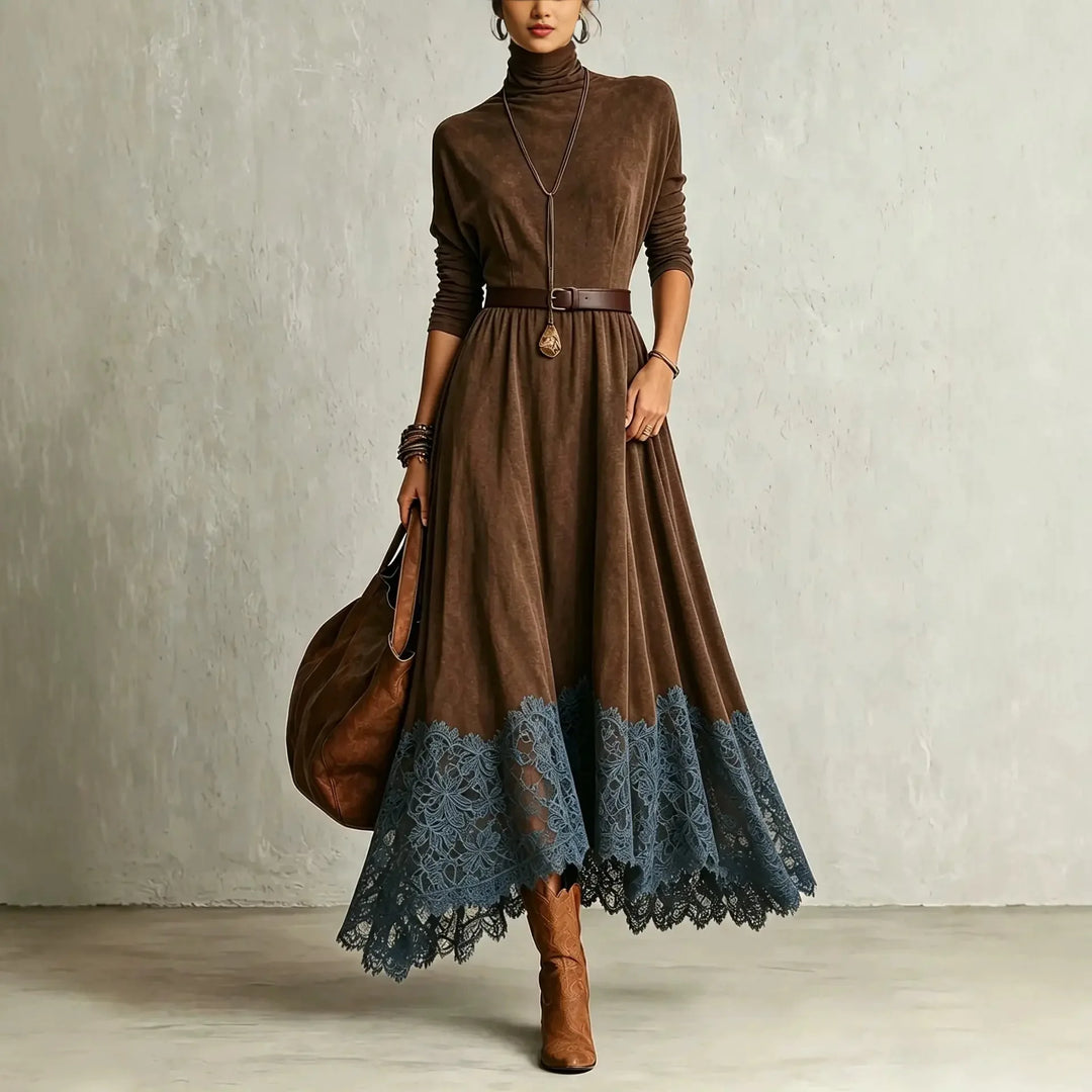 Woman wearing brown turtleneck maxi dress with lace hem and belt
