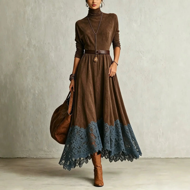 Woman wearing brown turtleneck maxi dress with lace hem and belt