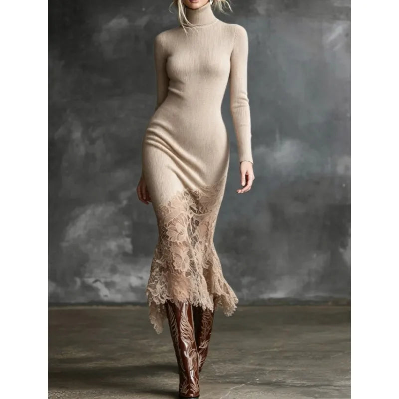 Beige ribbed turtleneck sweater dress with lace mermaid hem, front view
