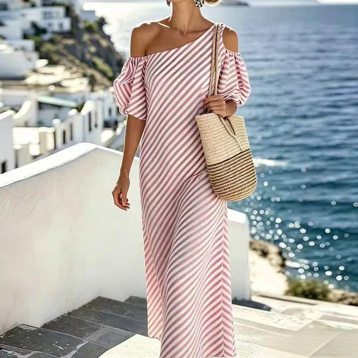Amara Bohemian Striped One Shoulder Maxi Dress
