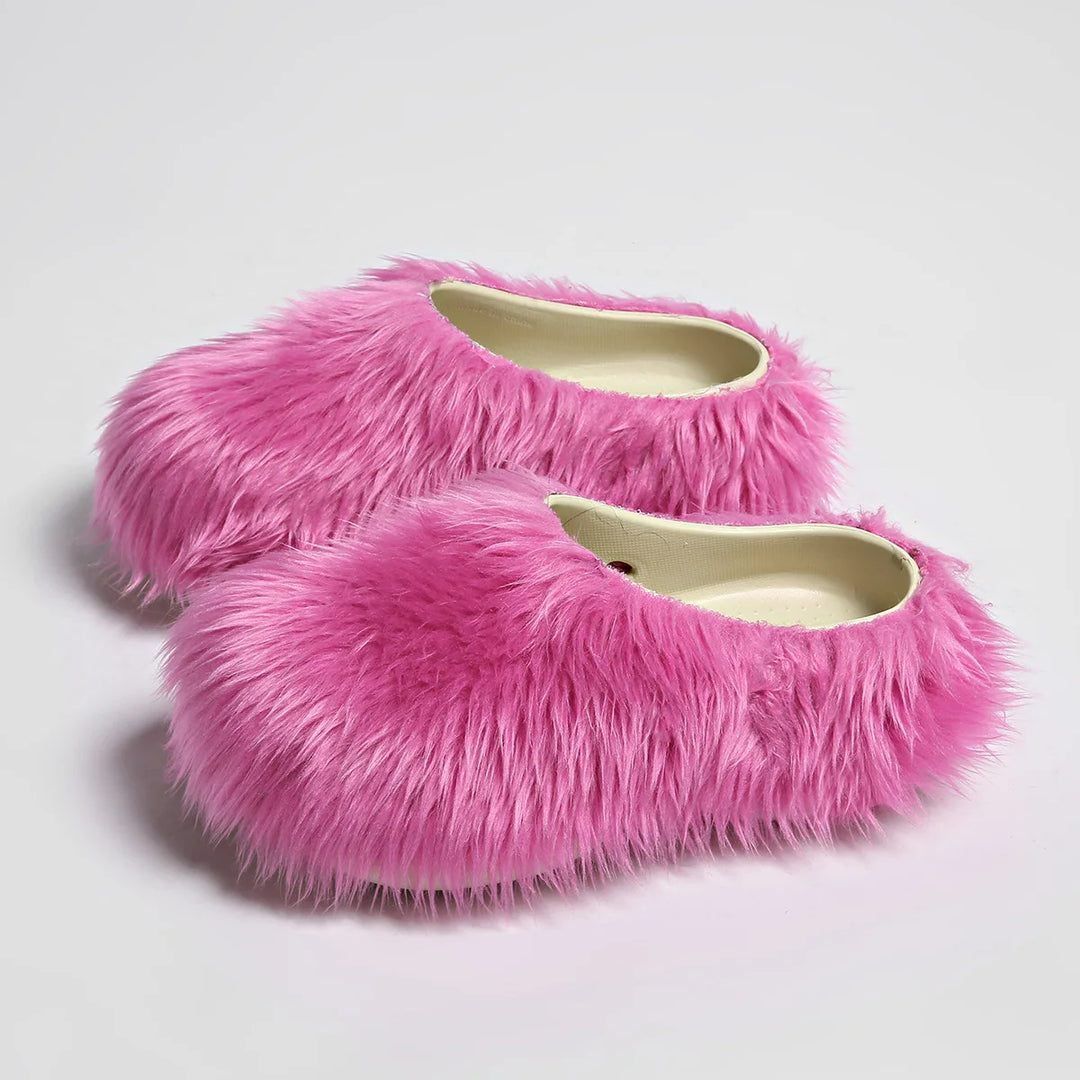 Hot pink faux fur slipper mules, angled view