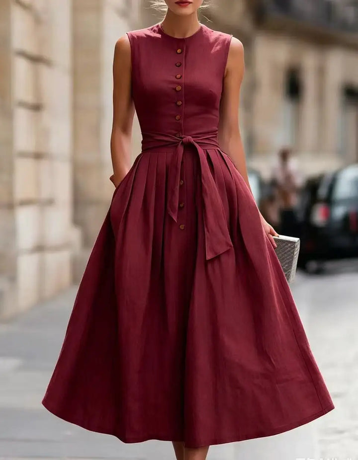 Eloria Elegant Tie Waist Linen Midi Dress