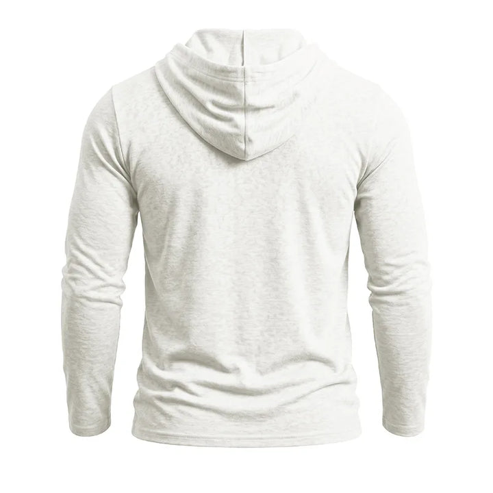 Back view of white hooded pullover with drawstring hood
