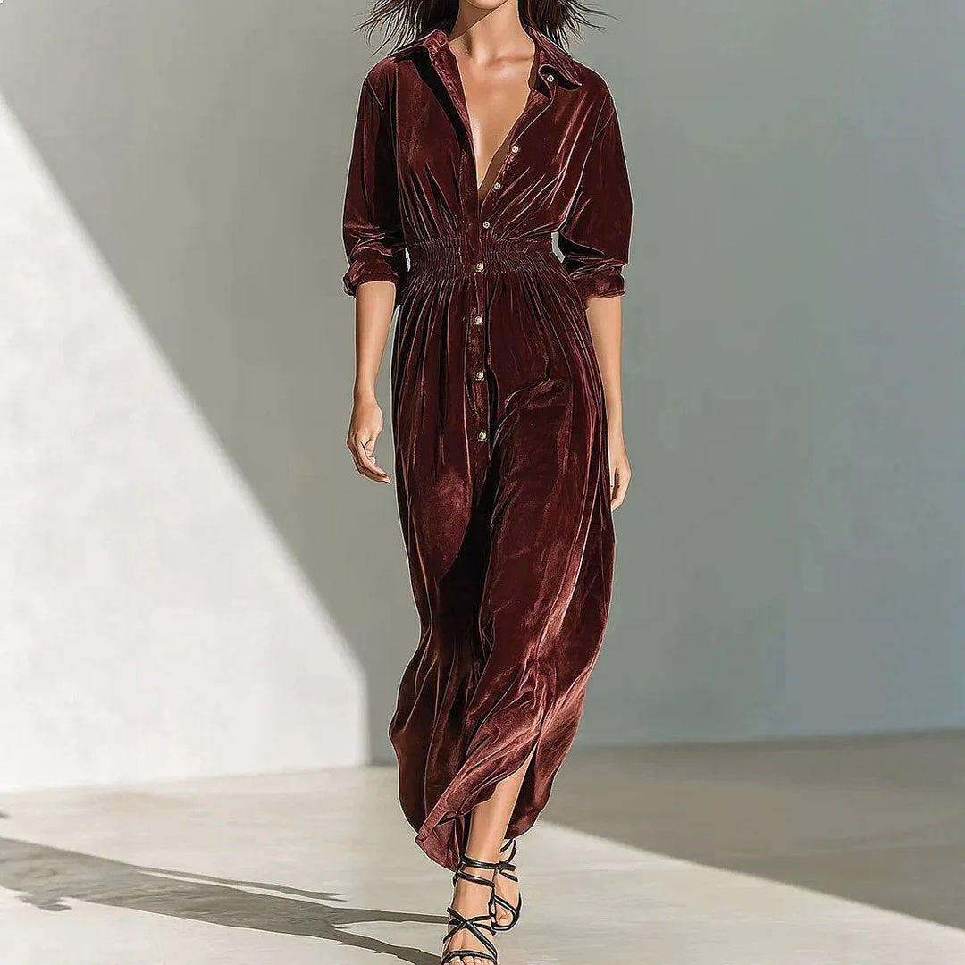 Brown velvet shirt dress with smocked waist, front view