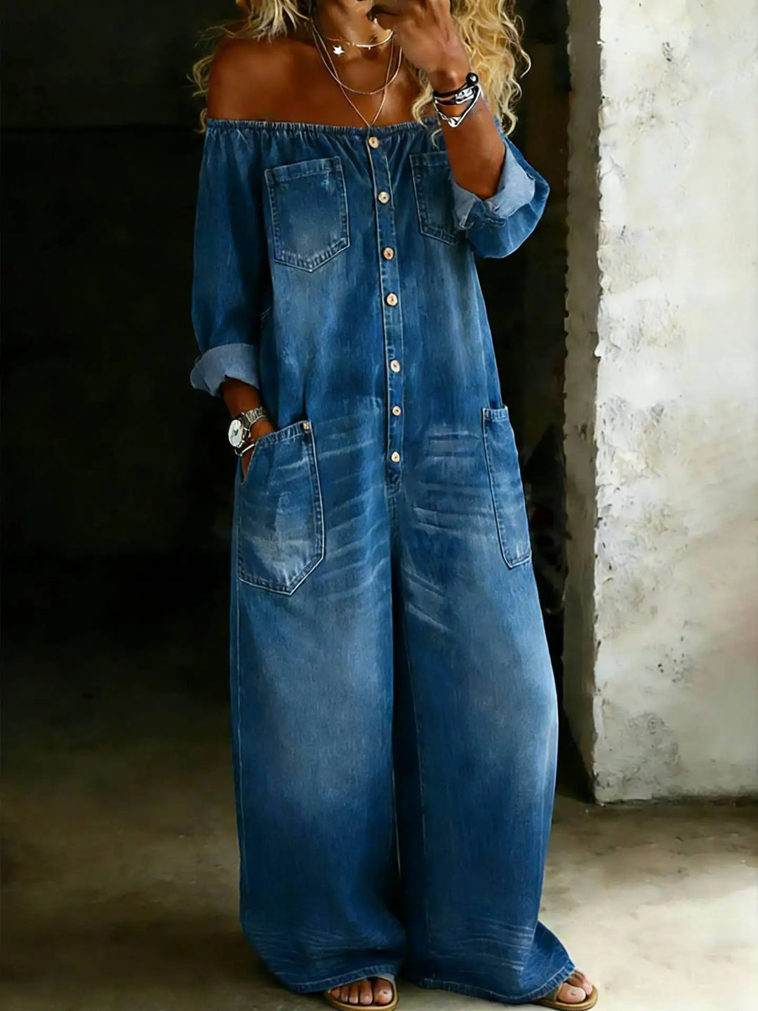 Elina Off Shoulder Denim Jumpsuit