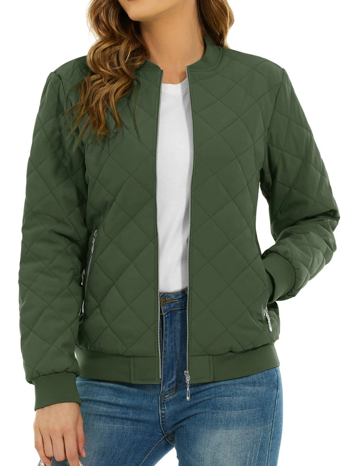 Close up of army green quilted bomber jacket with zip pocket