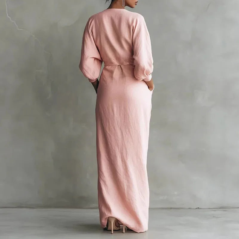 Paulina V Neck Wrap Waist Long Dress