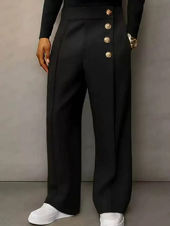 Black wide leg trousers with gold button detail, front view