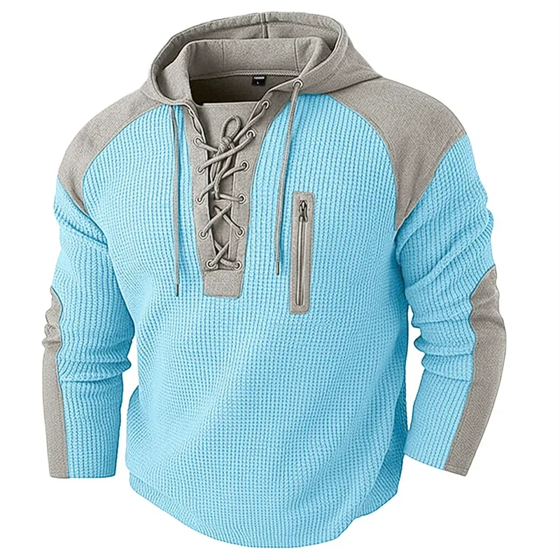 Light blue waffle knit hoodie with lace-up front and zip pocket