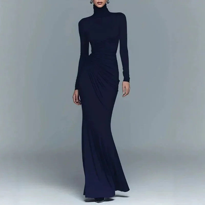 Navy blue turtleneck bodycon maxi dress, front view