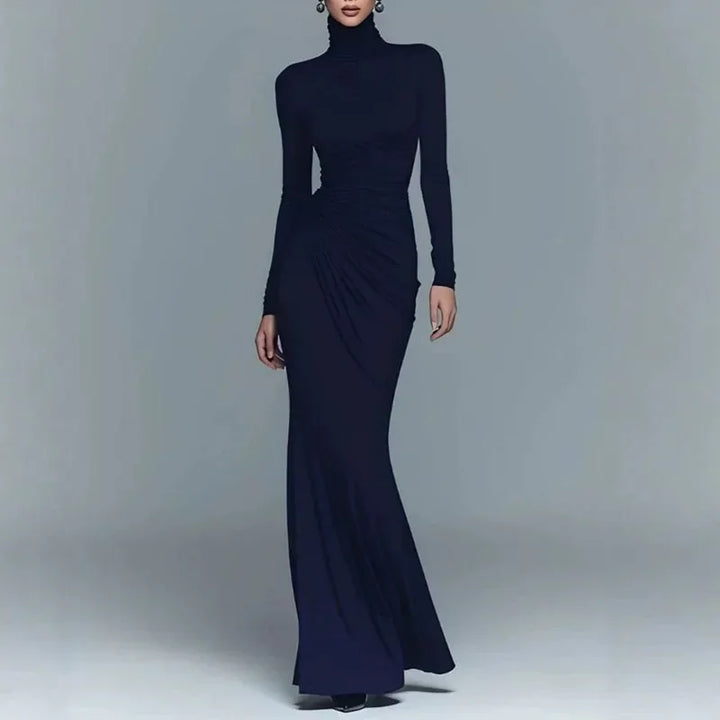 Navy blue turtleneck bodycon maxi dress, front view