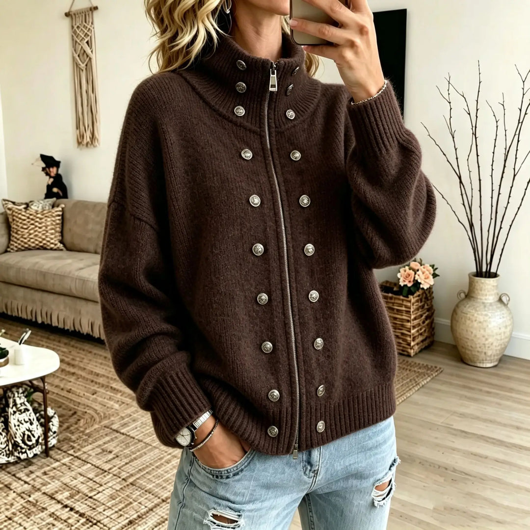 Woman wearing coffee colored stand collar zip cardigan with button details