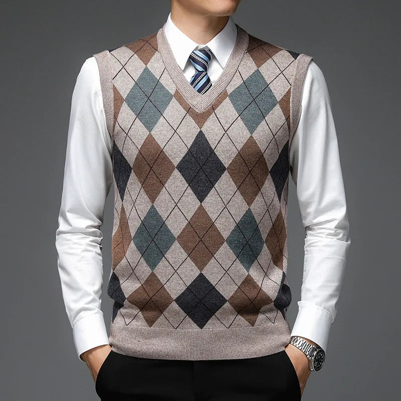 Man wearing light camel argyle sweater vest with tie