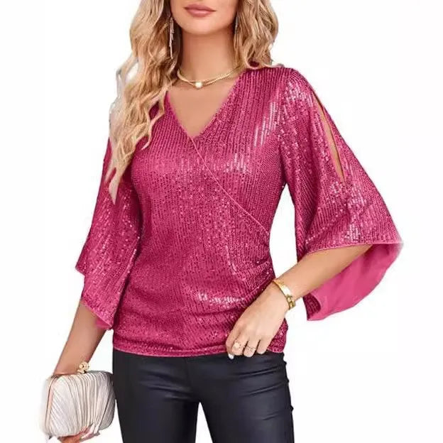 Coral red sequin wrap blouse with split bell sleeves, front view