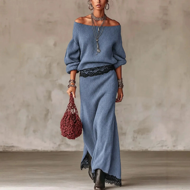 Woman wearing blue ribbed knit off shoulder pullover and matching lace trim maxi skirt set