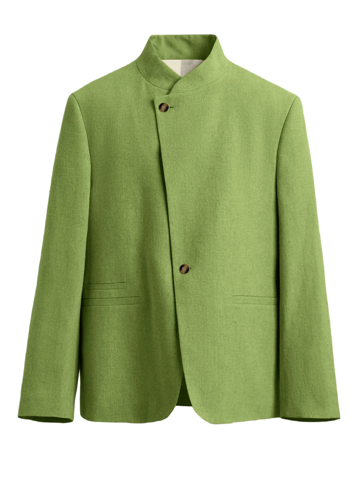 Grass green mandarin collar blazer with asymmetric button front