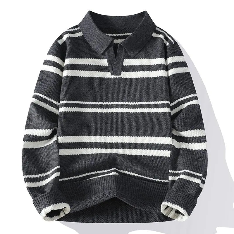 Gray striped knit polo sweater front view