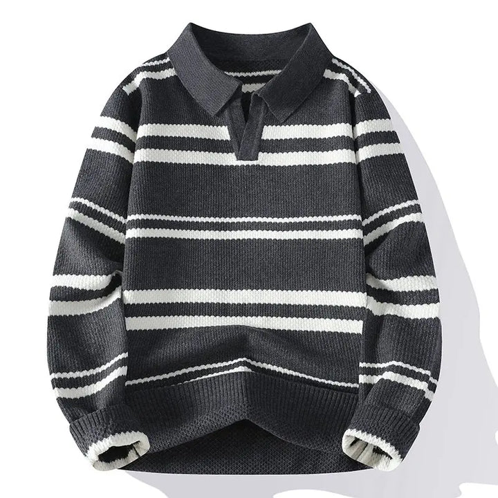 Gray striped knit polo sweater front view
