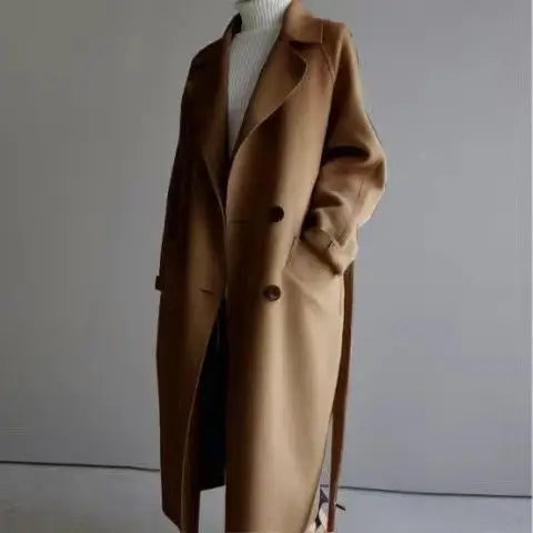 Caramel wool coat, front view