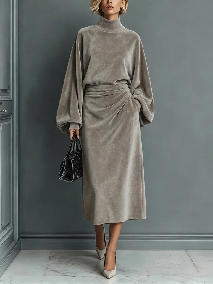 Taupe velvet midi dress with lantern sleeves and ruched waist