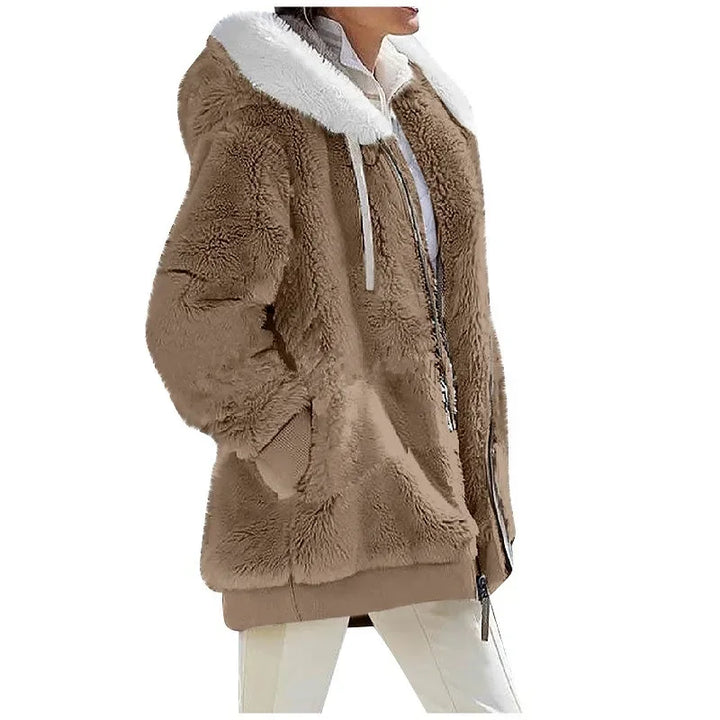 Khaki plush fleece hooded jacket with white contrast collar, side view