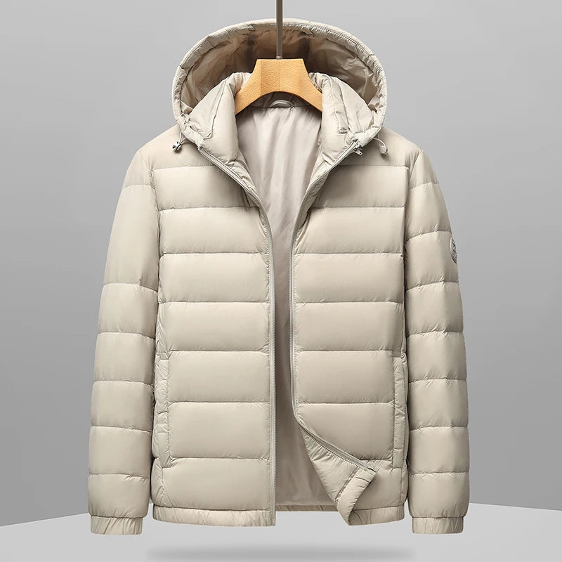 Beige hooded puffer jacket, front view