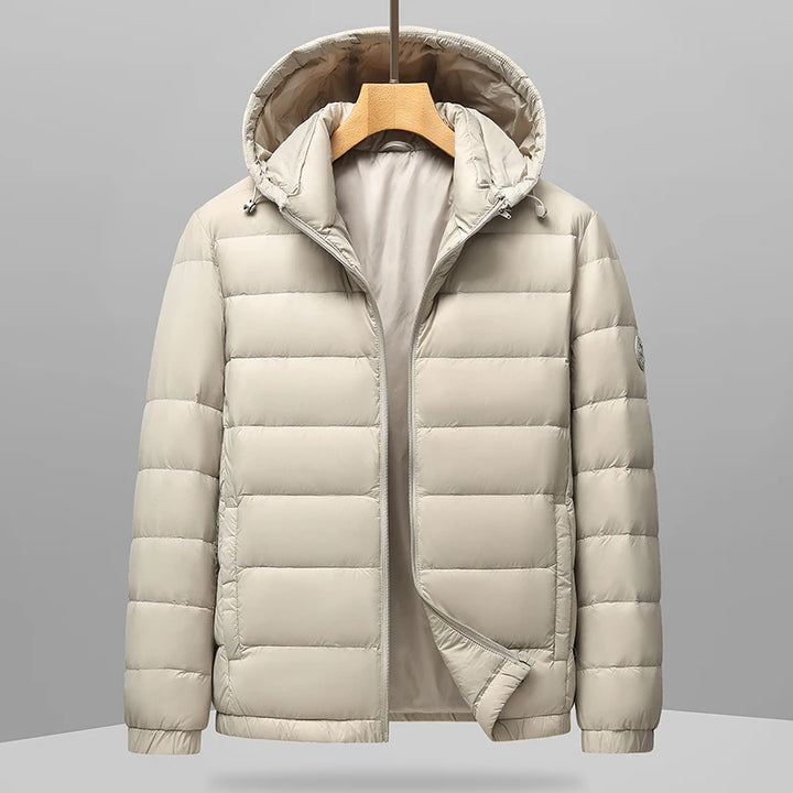 Beige hooded puffer jacket, front view