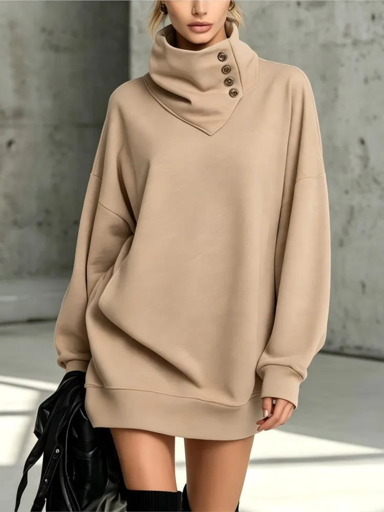 Khaki sweatshirt dress with buttoned collar, close up view