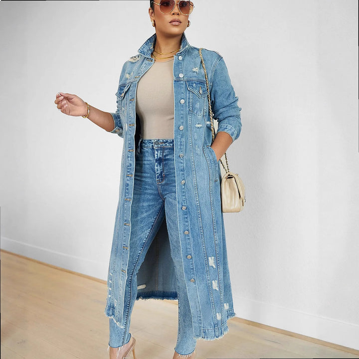 Front view of long distressed denim coat with turn-down collar