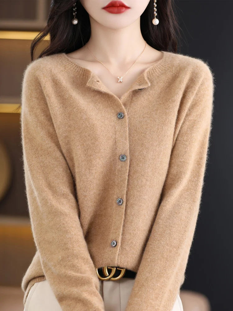 Camel button front knit cardigan with V neckline detail