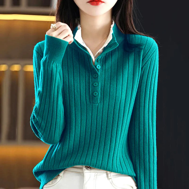 Teal blue ribbed knit button up collar sweater on model