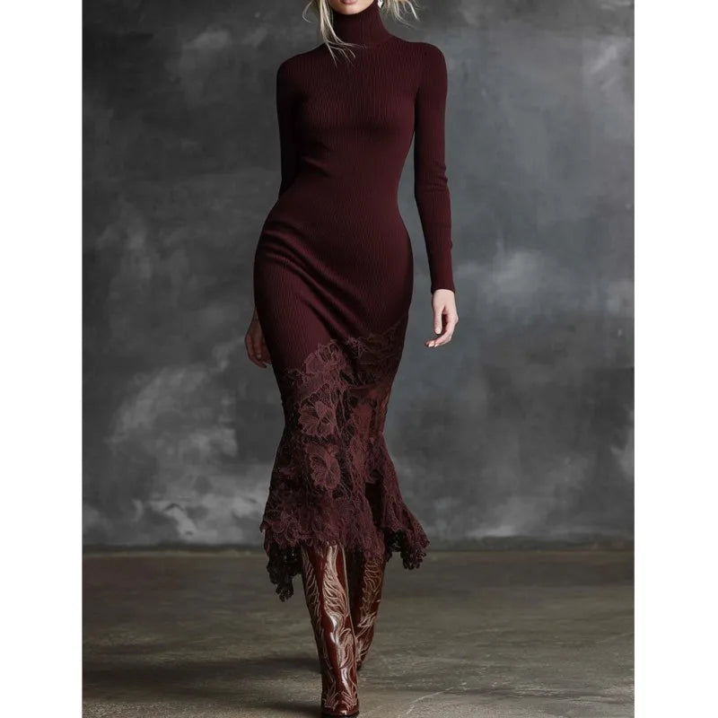 Burgundy ribbed turtleneck sweater dress with lace mermaid hem, front view
