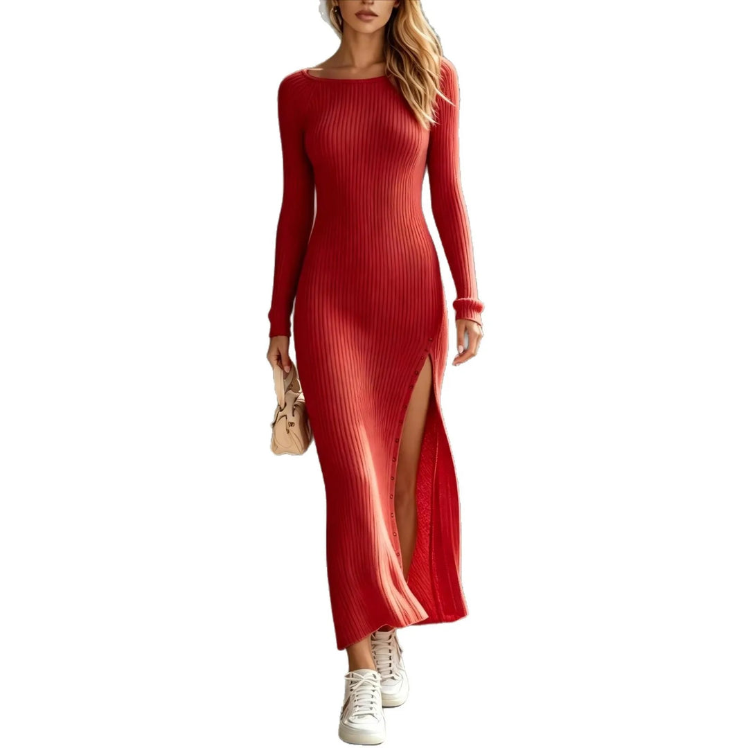 Red ribbed knit maxi dress with side slit, front view