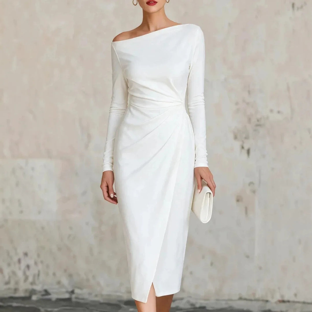 White off shoulder twisted waist midi dress front view
