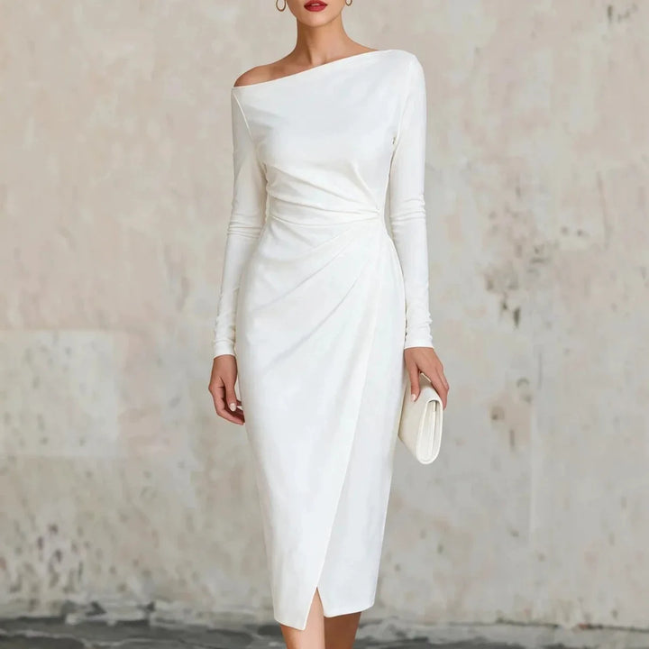 White off shoulder twisted waist midi dress front view