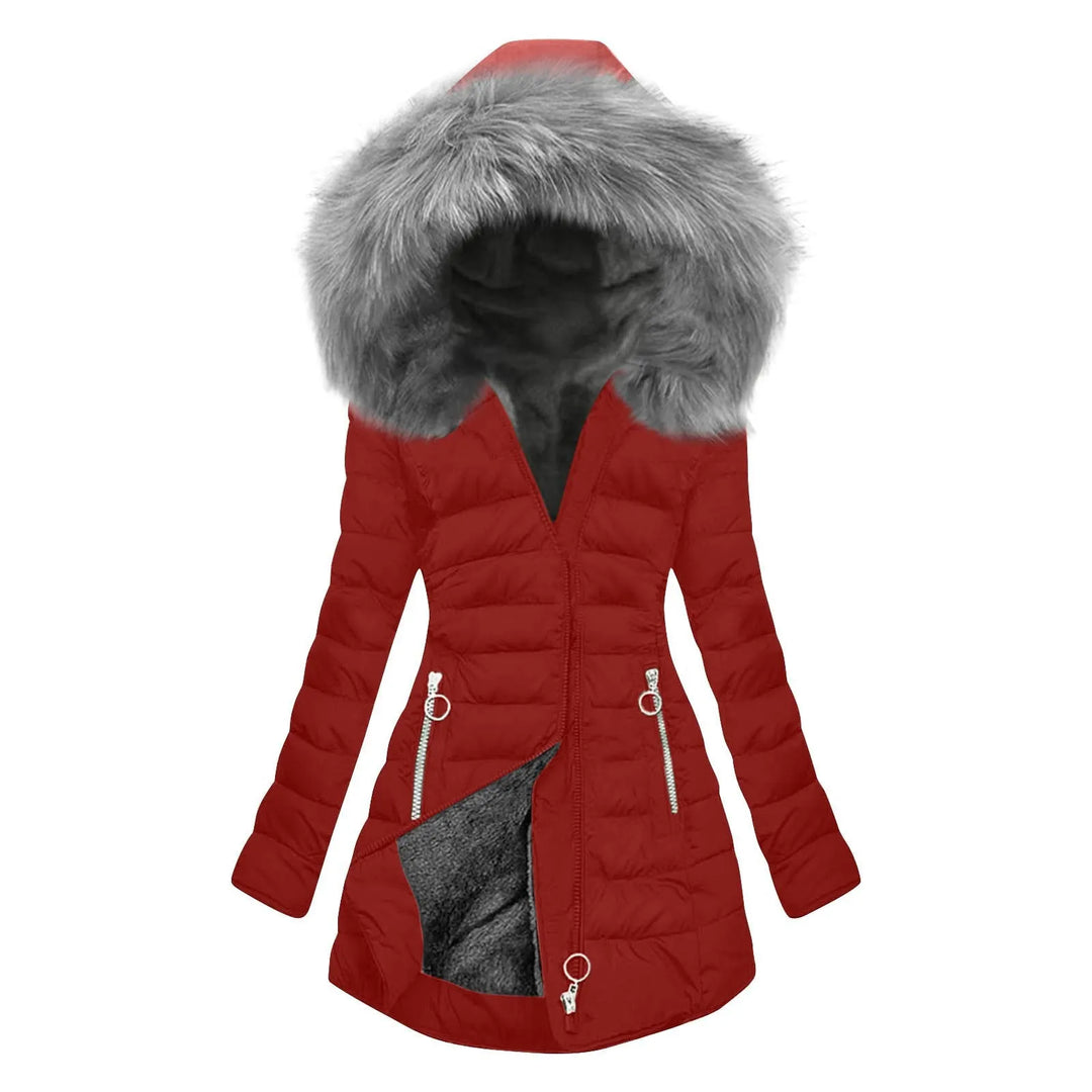Red quilted puffer jacket with faux fur hood, front view